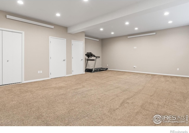 basement featuring light carpet