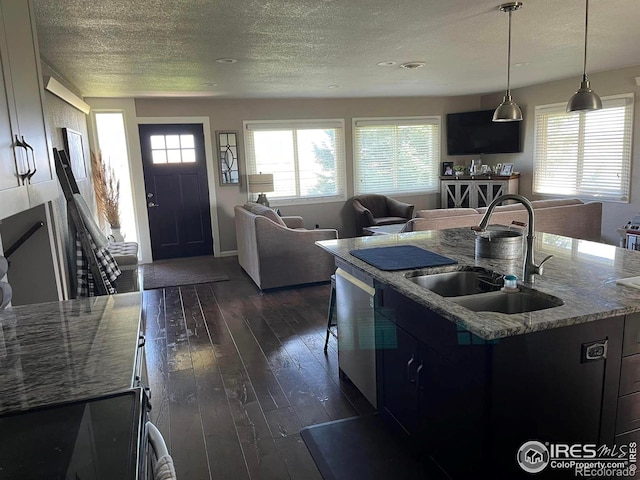 kitchen with sink, a wealth of natural light, stainless steel dishwasher, and an island with sink