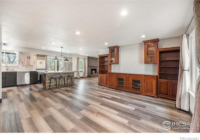 kitchen featuring pendant lighting, light wood-type flooring, stainless steel dishwasher, and sink