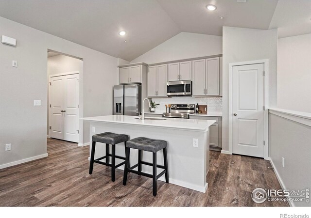 kitchen with gray cabinets, appliances with stainless steel finishes, sink, and a center island with sink