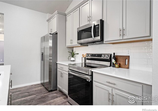 kitchen featuring dark hardwood / wood-style flooring, appliances with stainless steel finishes, and decorative backsplash