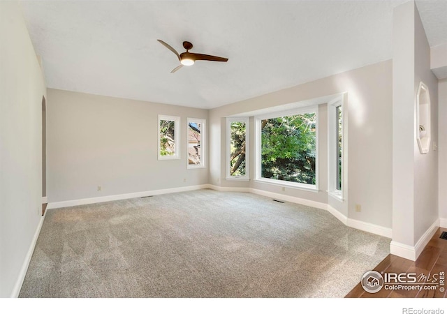 spare room featuring carpet and ceiling fan