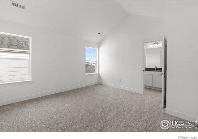 carpeted spare room with sink and vaulted ceiling