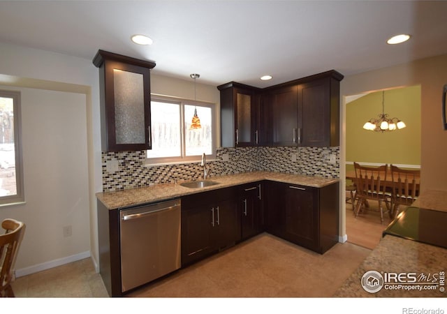 kitchen featuring hanging light fixtures, decorative backsplash, an inviting chandelier, sink, and stainless steel dishwasher