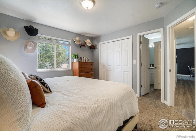 bedroom featuring a closet, hardwood / wood-style floors, and ensuite bath