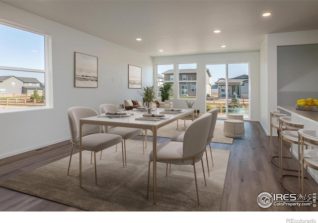 dining space with dark hardwood / wood-style flooring