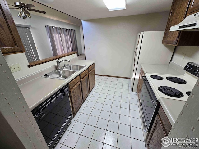 kitchen with light tile patterned flooring, sink, dishwasher, range hood, and white electric range