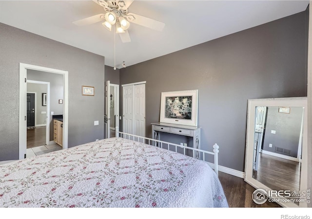 bedroom featuring a closet, dark wood-type flooring, and ceiling fan