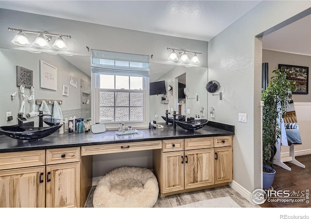 bathroom with vanity and wood-type flooring