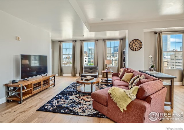 living room featuring light wood-type flooring and a wealth of natural light