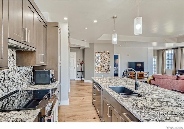 kitchen featuring sink, light hardwood / wood-style floors, stainless steel appliances, light stone counters, and ventilation hood