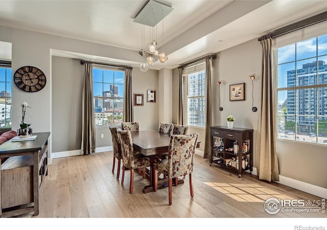 dining area featuring light hardwood / wood-style flooring, a notable chandelier, and plenty of natural light