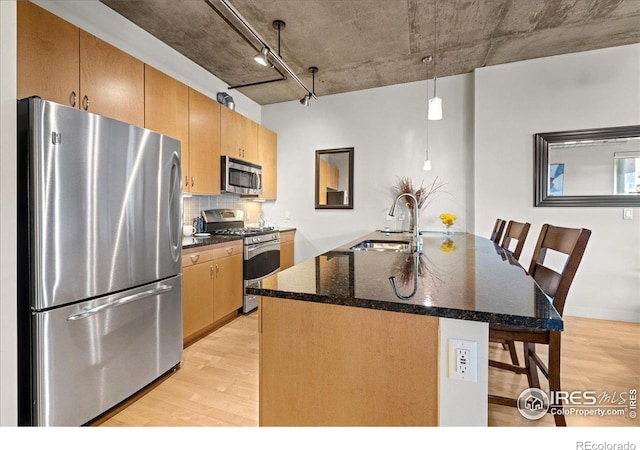 kitchen with a center island with sink, appliances with stainless steel finishes, sink, a kitchen breakfast bar, and light hardwood / wood-style flooring