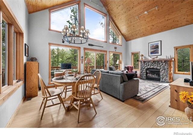 743 Hickory Dr, Lyons, CO 80540 - dining area featuring high vaulted ceiling, wooden ceiling, a stone fireplace, hardwood / wood-style flooring, and a chandelier