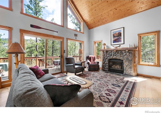 743 Hickory Dr, Lyons, CO 80540 - living room with high vaulted ceiling, plenty of natural light, hardwood / wood-style flooring, wood ceiling, and a fireplace