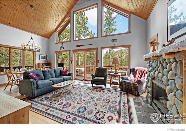 743 Hickory Dr, Lyons, CO 80540 - living room featuring high vaulted ceiling, a chandelier, wood ceiling, a stone fireplace, and wood finished floors