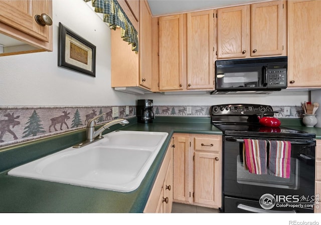 743 Hickory Dr, Lyons, CO 80540 - kitchen featuring black appliances, light brown cabinets, a sink, and dark countertops