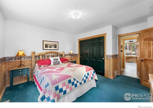 743 Hickory Dr, Lyons, CO 80540 - carpeted bedroom featuring wood walls, wainscoting, and a closet