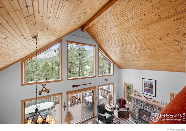 743 Hickory Dr, Lyons, CO 80540 - living area with wooden ceiling, high vaulted ceiling, a stone fireplace, and beam ceiling