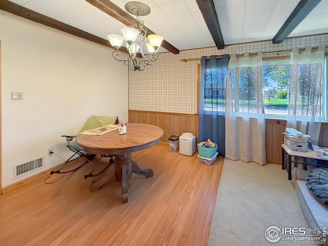 dining space featuring a notable chandelier, visible vents, wainscoting, beamed ceiling, and wallpapered walls