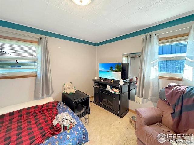 bedroom with light colored carpet