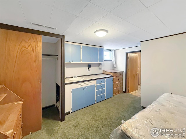 kitchen featuring carpet floors, blue cabinetry, visible vents, and a sink