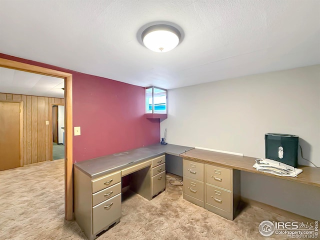 office with light colored carpet, wood walls, and a textured ceiling