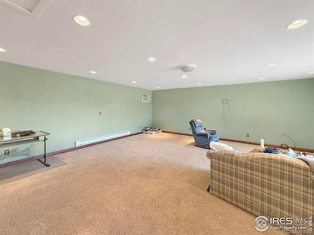 interior space with recessed lighting, baseboards, carpet flooring, and baseboard heating