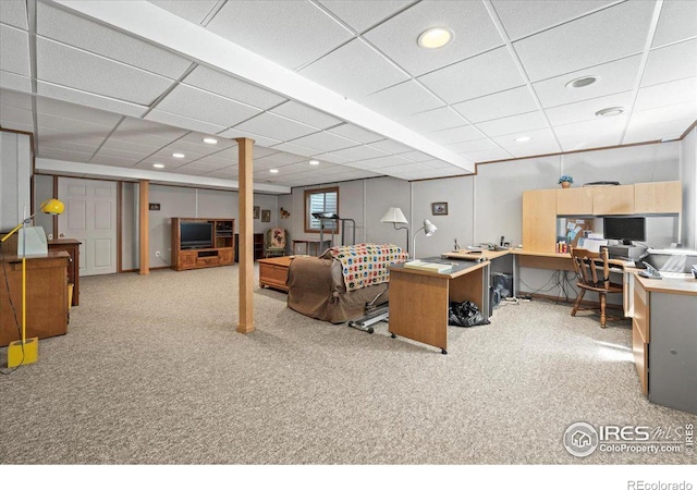 living area with carpet floors, a paneled ceiling, and recessed lighting