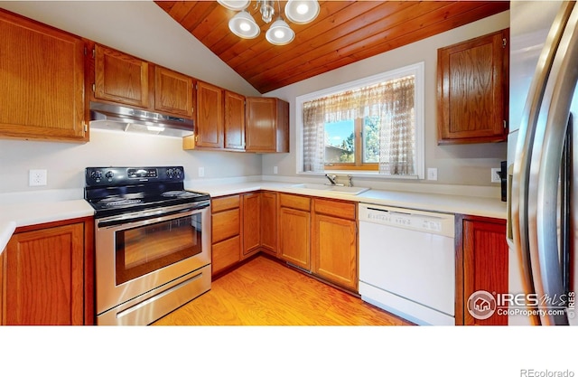 kitchen featuring stainless steel appliances, wood ceiling, vaulted ceiling, sink, and light wood-type flooring