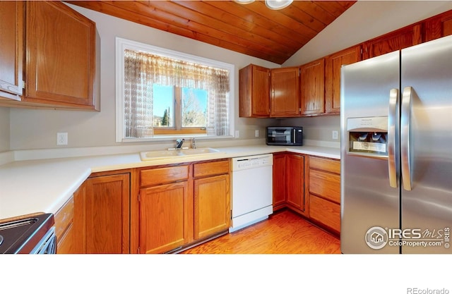 kitchen with stainless steel fridge with ice dispenser, white dishwasher, wood ceiling, sink, and vaulted ceiling