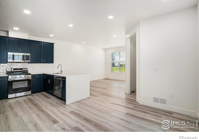 kitchen with sink, kitchen peninsula, appliances with stainless steel finishes, backsplash, and light wood-type flooring