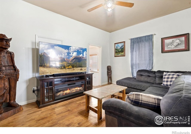 living room featuring ceiling fan and light wood-type flooring