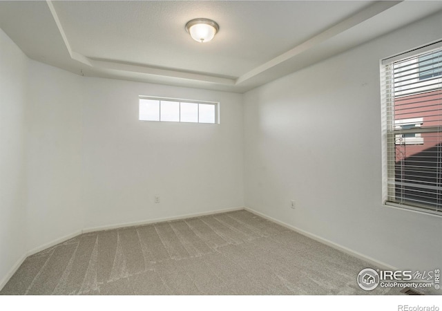 unfurnished room featuring carpet floors and a tray ceiling