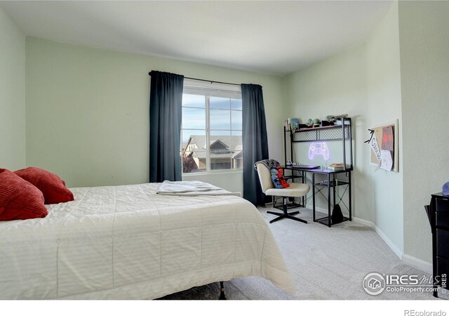 bedroom with light colored carpet