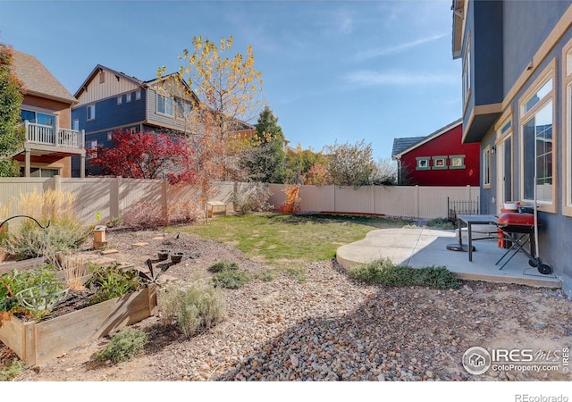 185 Pipit Lake Way, Erie, CO 80516 - fenced backyard featuring a patio and a vegetable garden