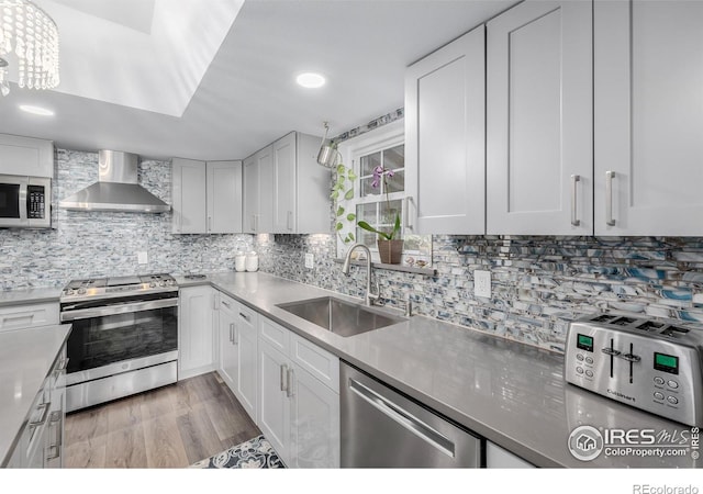 kitchen with white cabinetry, wall chimney range hood, sink, and stainless steel appliances