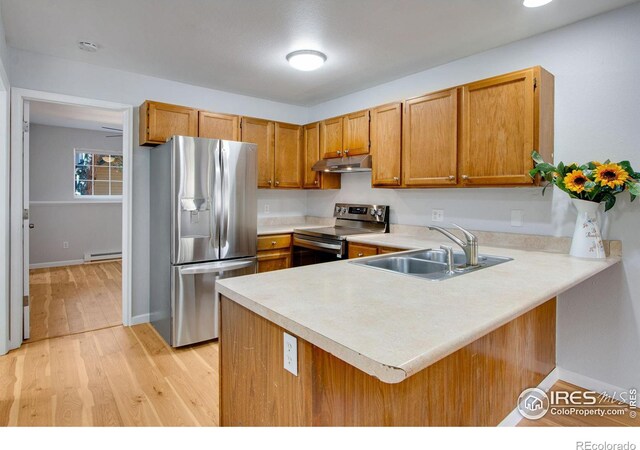 kitchen featuring kitchen peninsula, stainless steel appliances, light hardwood / wood-style floors, a baseboard heating unit, and sink