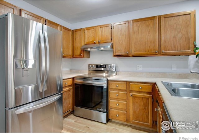 kitchen featuring sink, light hardwood / wood-style floors, and appliances with stainless steel finishes