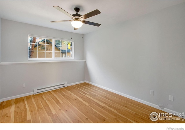 spare room with ceiling fan, hardwood / wood-style flooring, and a baseboard heating unit