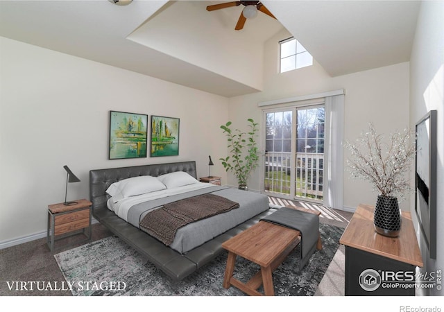 818 S Terry St Unit 85, Longmont, CO 80501 - carpeted bedroom featuring access to outside, a towering ceiling, and a ceiling fan