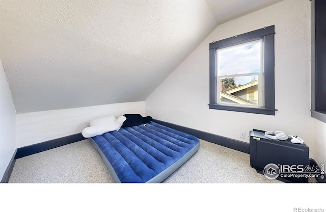 bedroom with vaulted ceiling, a textured ceiling, and carpet