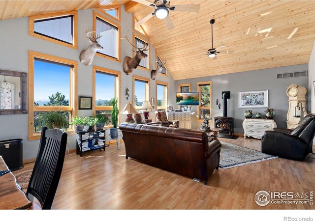 living room featuring light hardwood / wood-style floors, ceiling fan, high vaulted ceiling, wood ceiling, and a wood stove