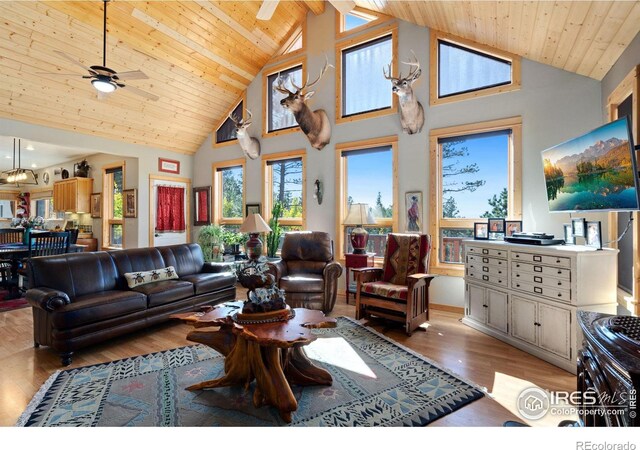 living room with high vaulted ceiling, light hardwood / wood-style floors, ceiling fan, and wooden ceiling