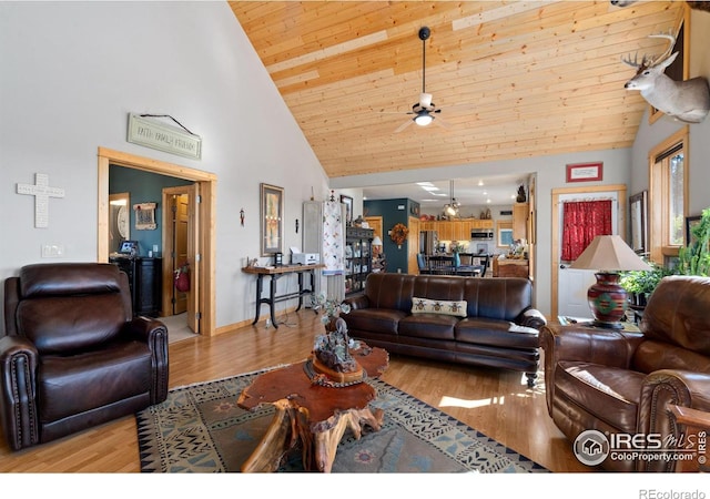 living room with high vaulted ceiling, light hardwood / wood-style floors, ceiling fan, and wooden ceiling