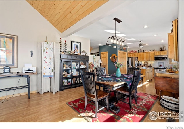 dining area featuring light wood-type flooring, lofted ceiling, ceiling fan, and wood ceiling