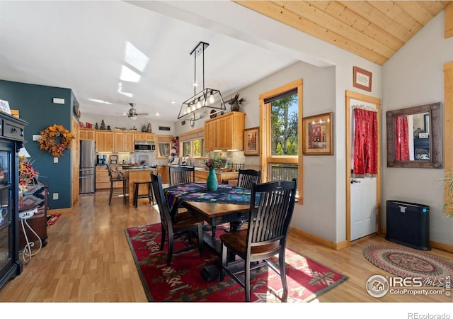 dining space with wooden ceiling, ceiling fan, light hardwood / wood-style flooring, and vaulted ceiling