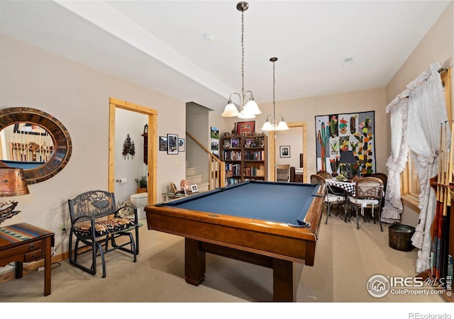 game room with pool table and light colored carpet