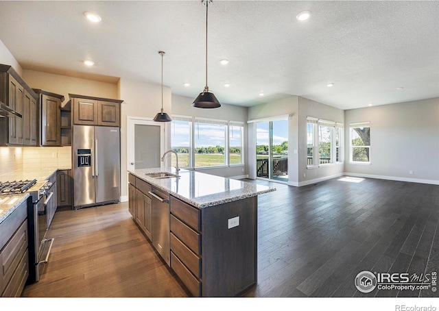 kitchen with hanging light fixtures, an island with sink, a healthy amount of sunlight, and appliances with stainless steel finishes