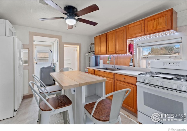 kitchen featuring ceiling fan, white appliances, water heater, and sink